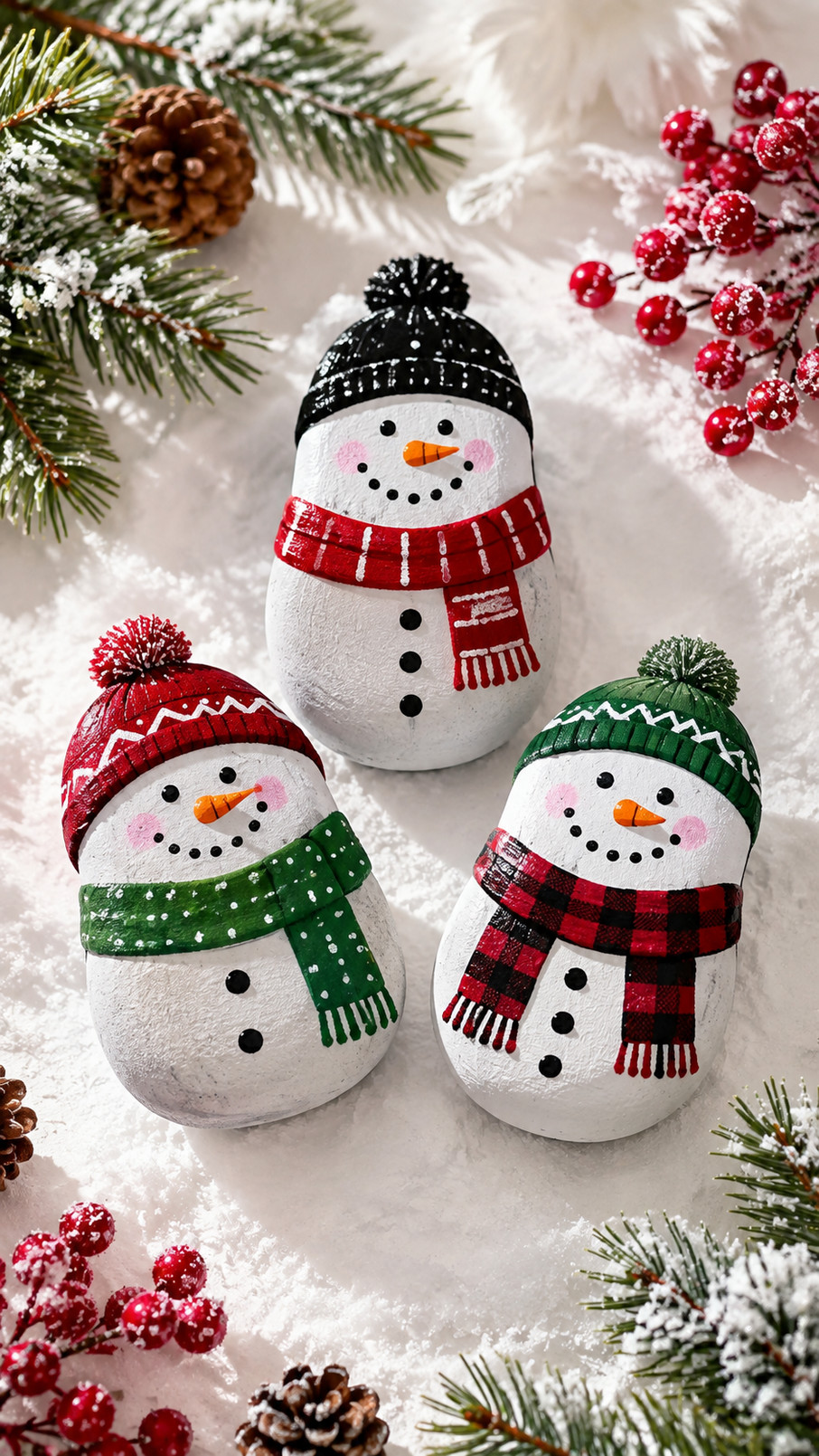 A painted snowman rock with blue earmuffs, rosy cheeks, and a cheerful smile on a winter-themed background.
