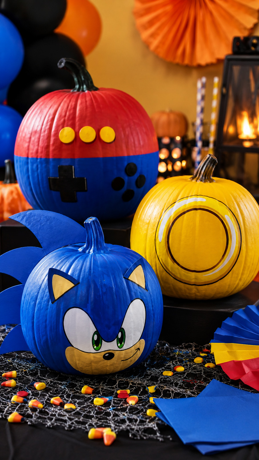 A painted Sonic-themed pumpkin decorated in emerald-green colors with golden accents inspired by the Chaos Emeralds.