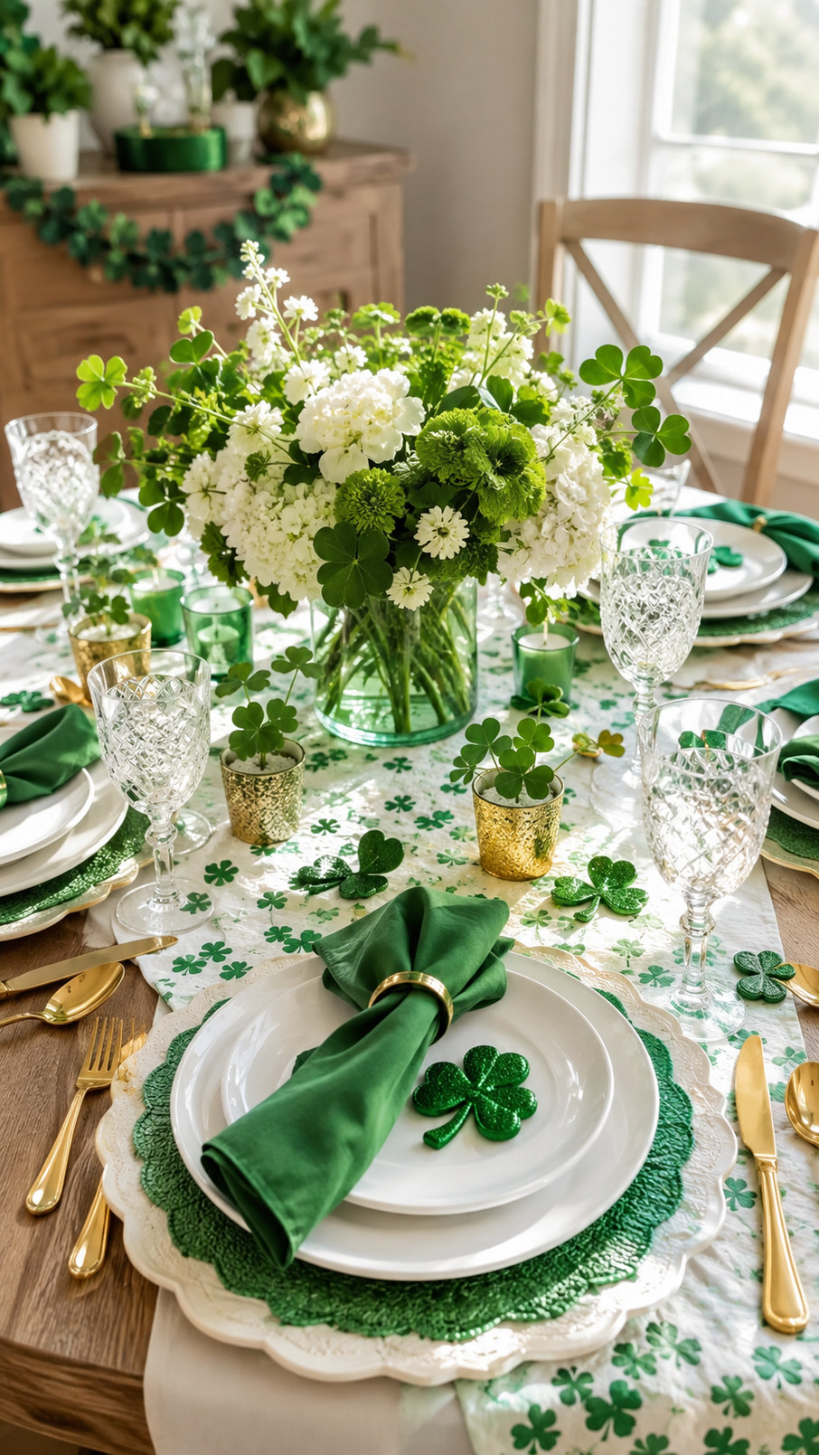 Green shamrock candles glowing on a festive St. Patrick's Day tablescape with gold accents and white linens.
