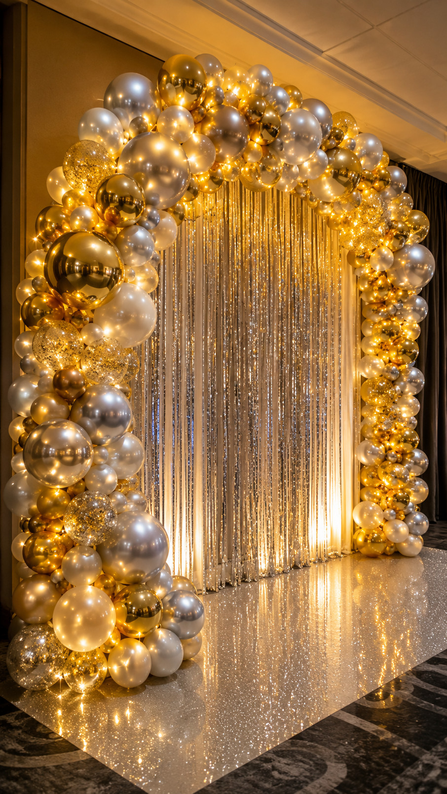 Emerald, black, and chrome balloon arch with warm fairy lights and silver accents decorating a glamorous prom entrance.