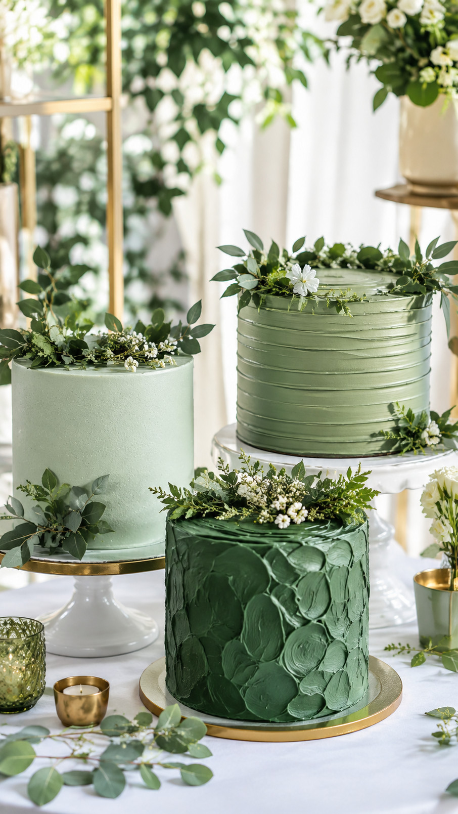 Emerald green cake with smooth velvet-textured frosting and delicate gold decorations on top.