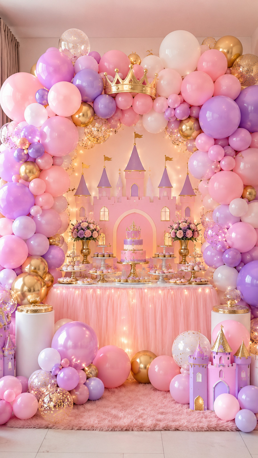 Enchanted princess balloon arch with pink, ivory, lavender, and mint green balloons, butterfly accents, silver stars, and a flower-filled castle backdrop.