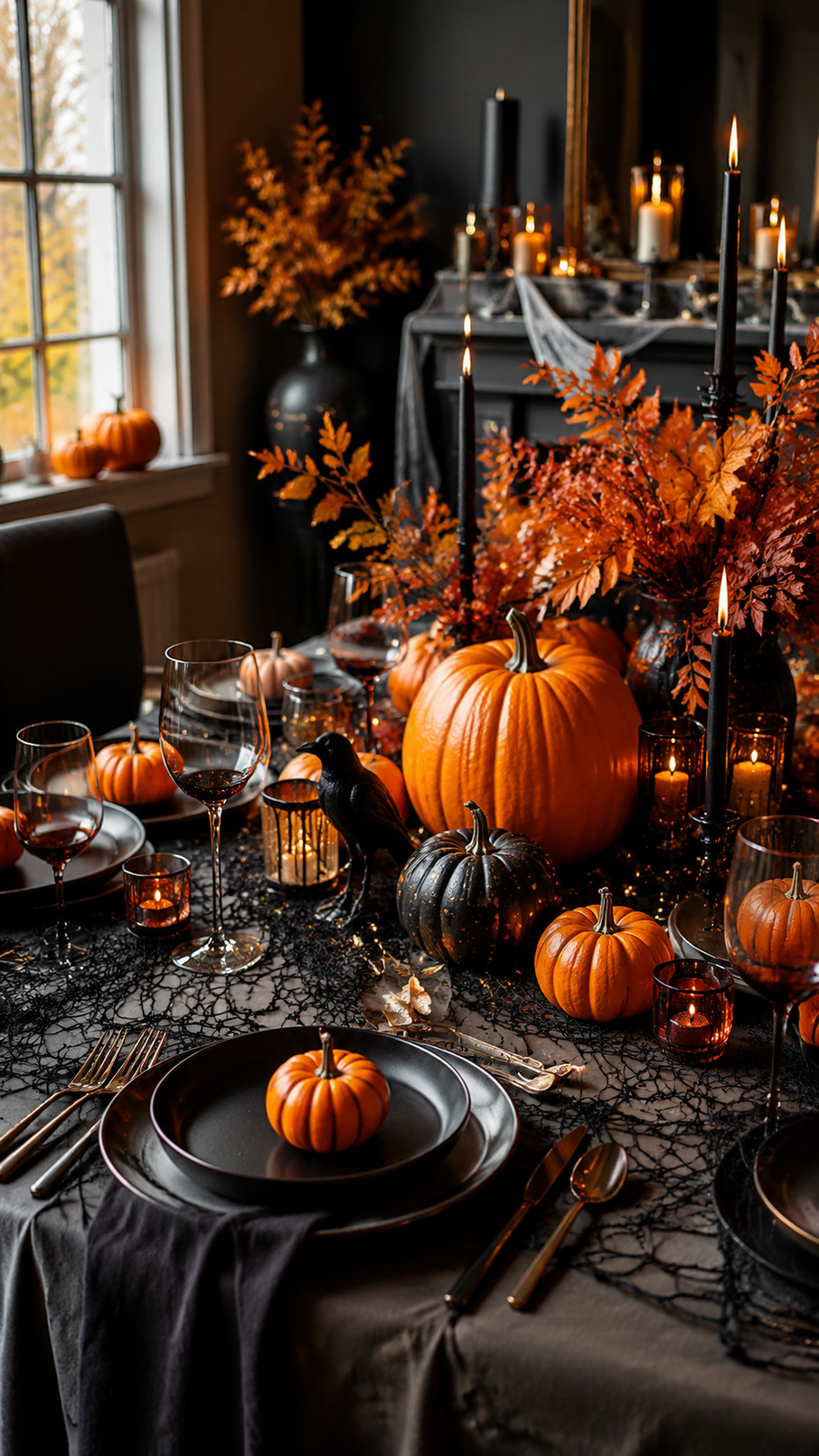 A Halloween tablescape featuring jewel-toned potion bottles, deep purple flowers, smoky green glass, black napkins, and antique-style plates.