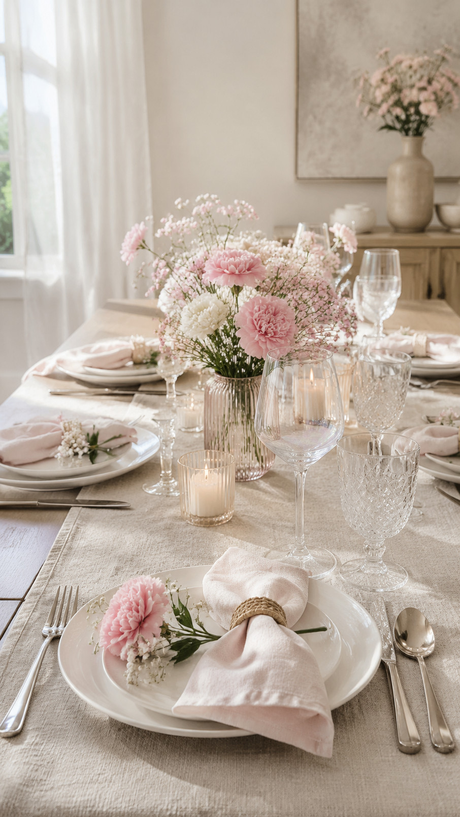 Fluted glass bowls filled with berries and petite flowers on an elegant minimalist Mother's Day tablescape.