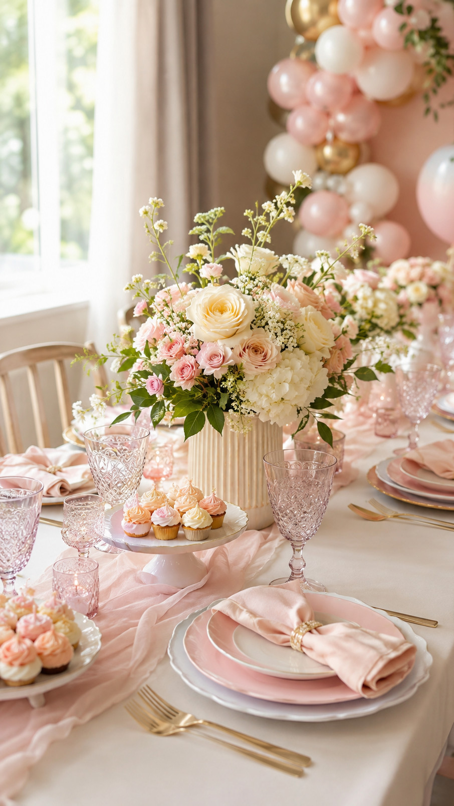 Baby shower tablescape featuring small glass bud vases filled with blush, cream, and lavender flowers.
