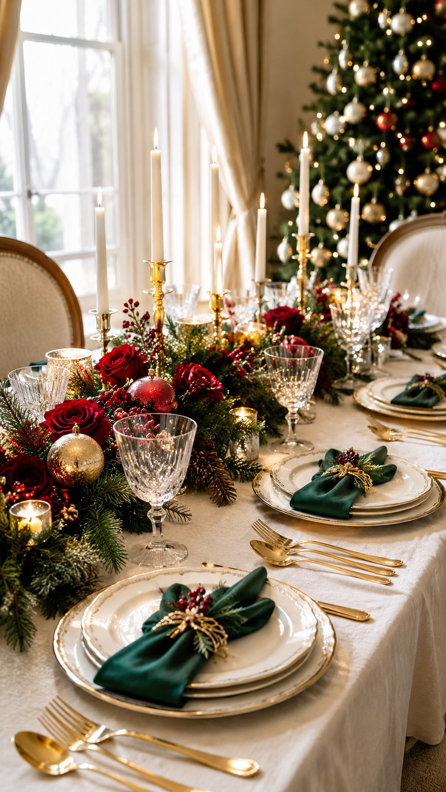 Elegant Christmas tablescape with frosted eucalyptus, pale berries, silver accents, clear glassware, and blush napkins on a festive dining table.