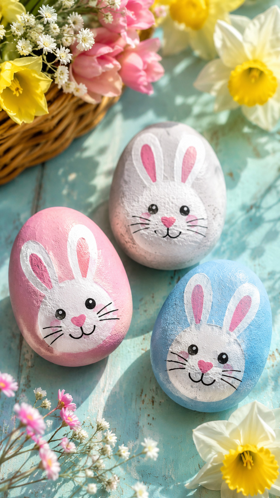 A garden party bunny painted rock featuring a smiling white rabbit with rosy cheeks, pastel flowers, and a green bow tie.