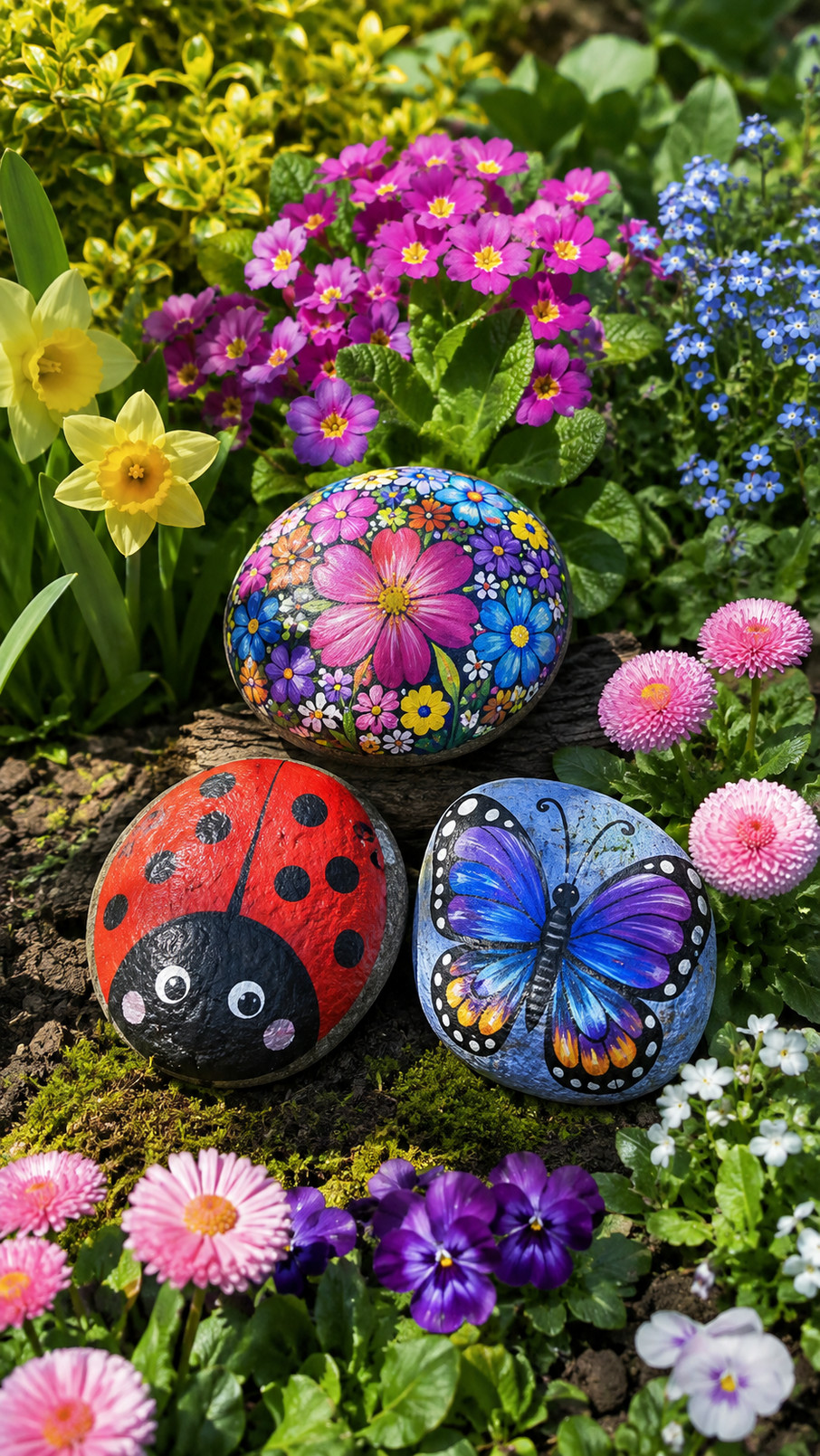 Painted garden snail rocks with soft green shells, rosy details, and white dots arranged beside spring flowers and seedlings.