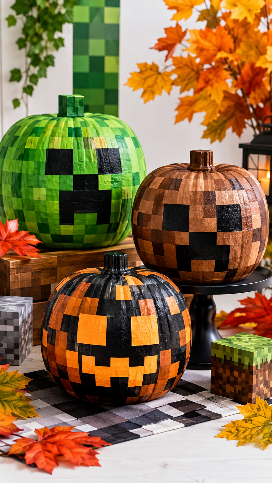 A white painted pumpkin with gray pixel details and a surprised Ghast face inspired by Minecraft.
