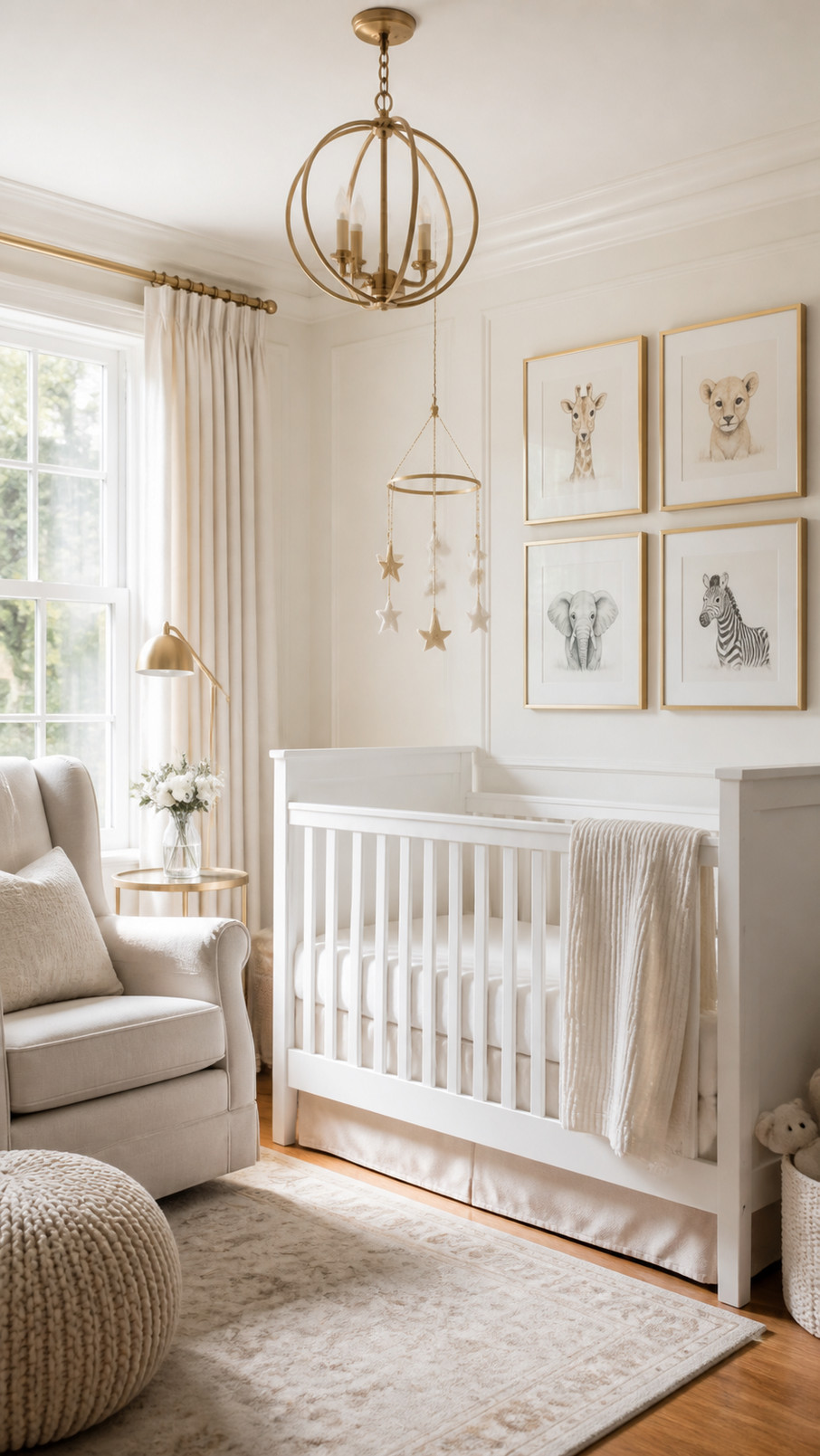 Gold star mobile hanging above a white crib in an elegant nursery with soft neutral decor.