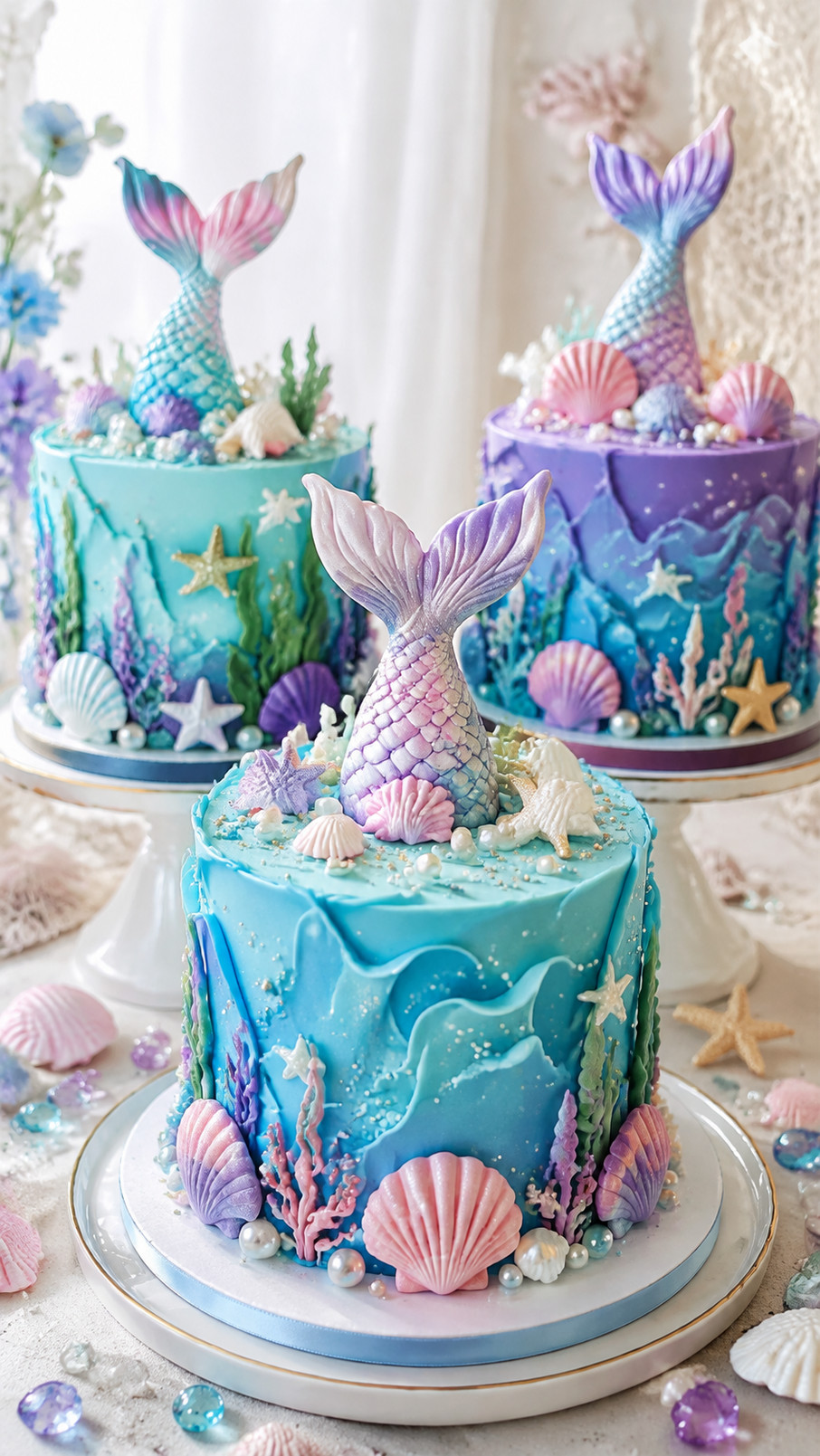 A mermaid cake decorated with glittering edible bubbles in soft blue, lavender, and pearl tones.