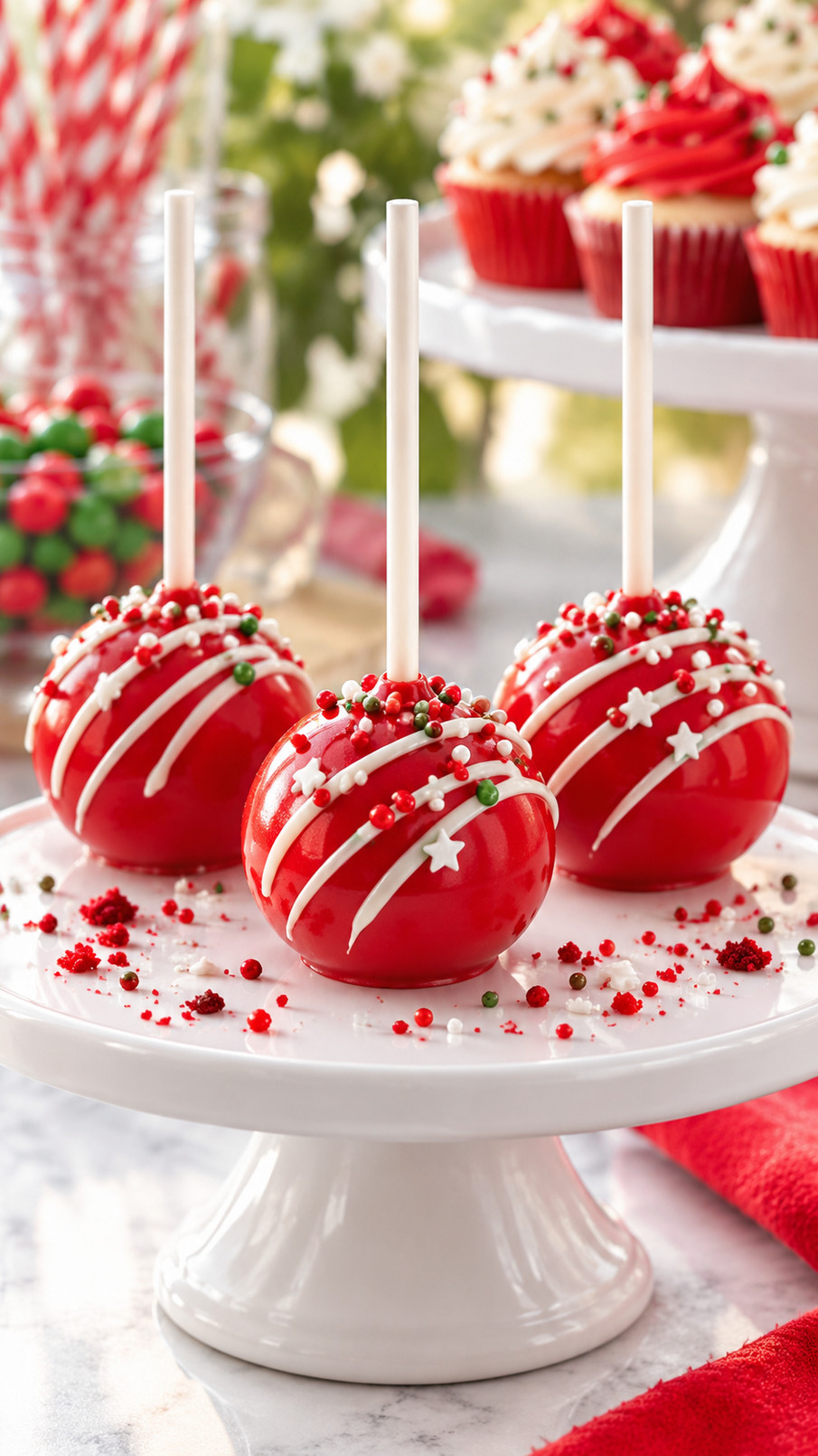 Red cake pops decorated with gold dust and metallic drizzle on a festive dessert table.