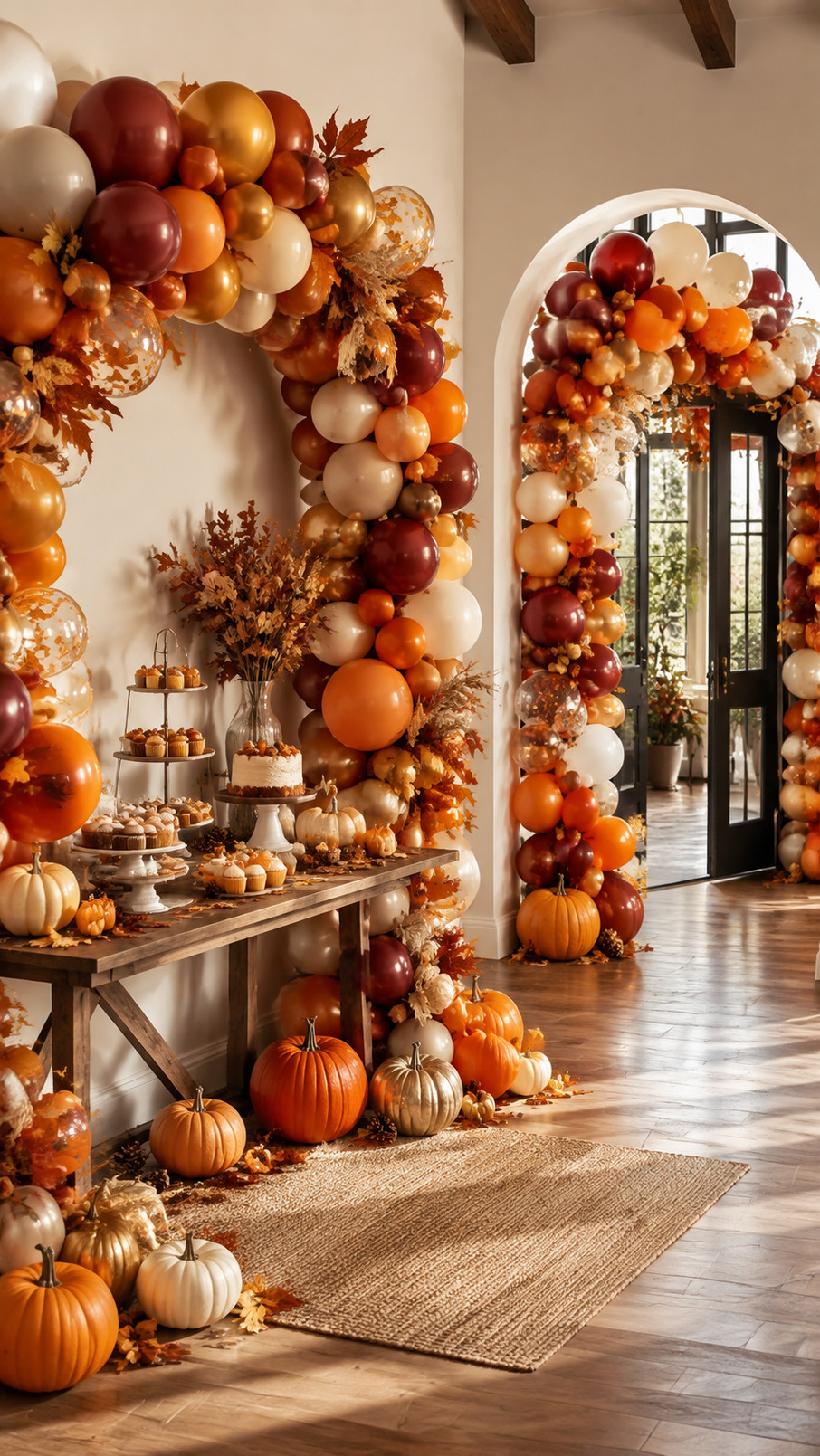 Fall balloon arch decorated with golden corn husk accents and warm amber, cream, and burnt orange balloons.