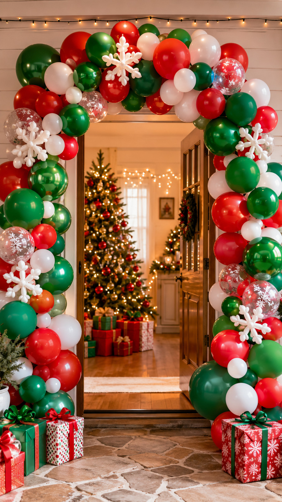 A festive Christmas balloon arch with red, green, white, and gold balloons arranged with golden ornament accents for holiday decor.