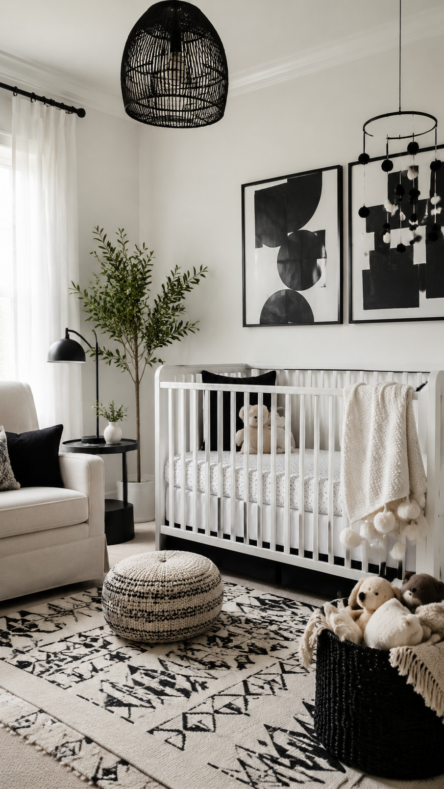 Black-and-white graphic wall art displayed above a crib in a modern monochrome nursery.