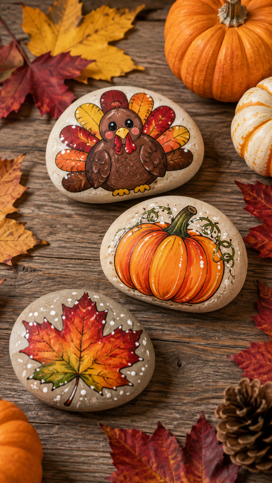 A hand-painted acorn rock with warm tan colors, a rich brown cap, and a gratitude message for Thanksgiving décor.