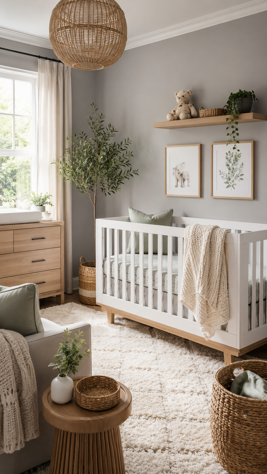 Gray star mobile hanging above a crib in a calming gray nursery.