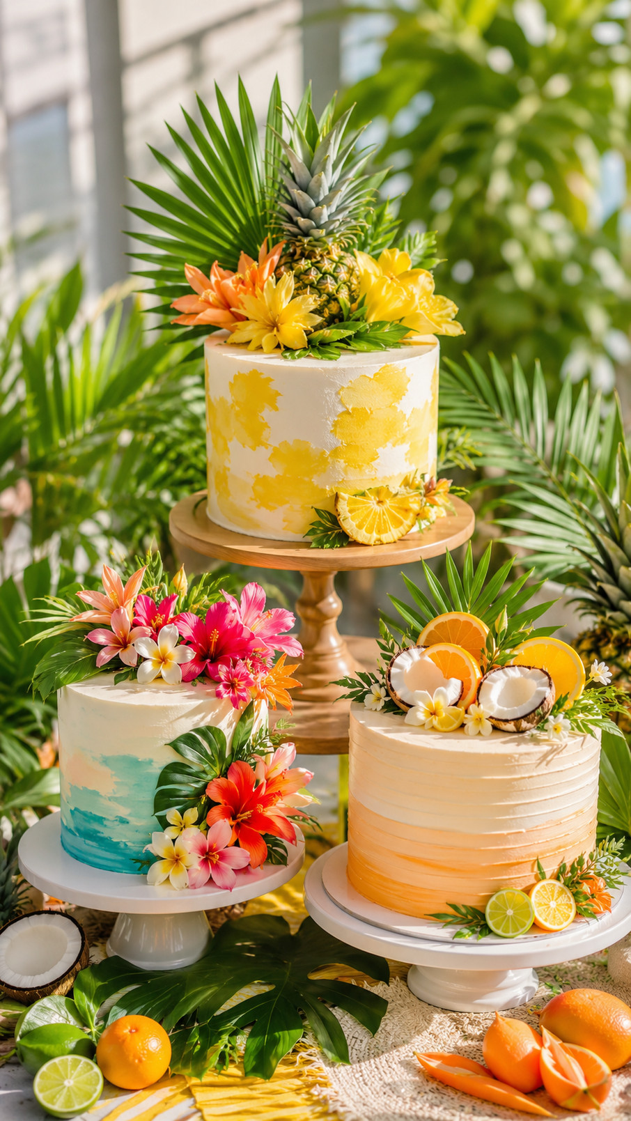 Pink guava hibiscus tropical cake decorated with hibiscus flowers and coconut accents for a summer celebration.