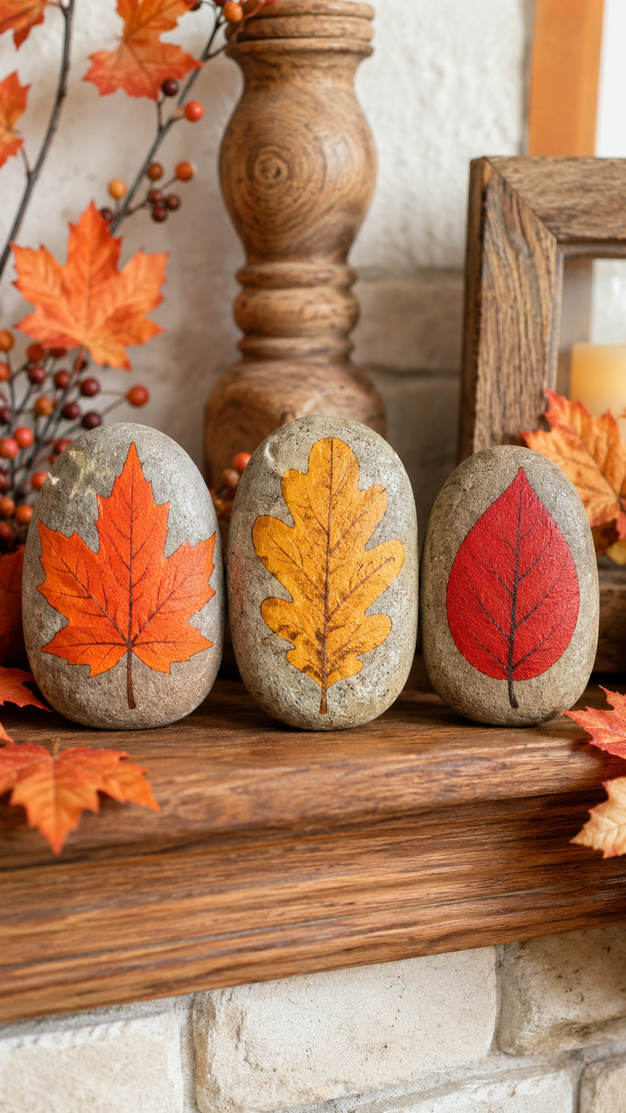 Photo of painted autumn leaf rocks featuring amber, honey gold, and russet leaves arranged as cozy fall decor.