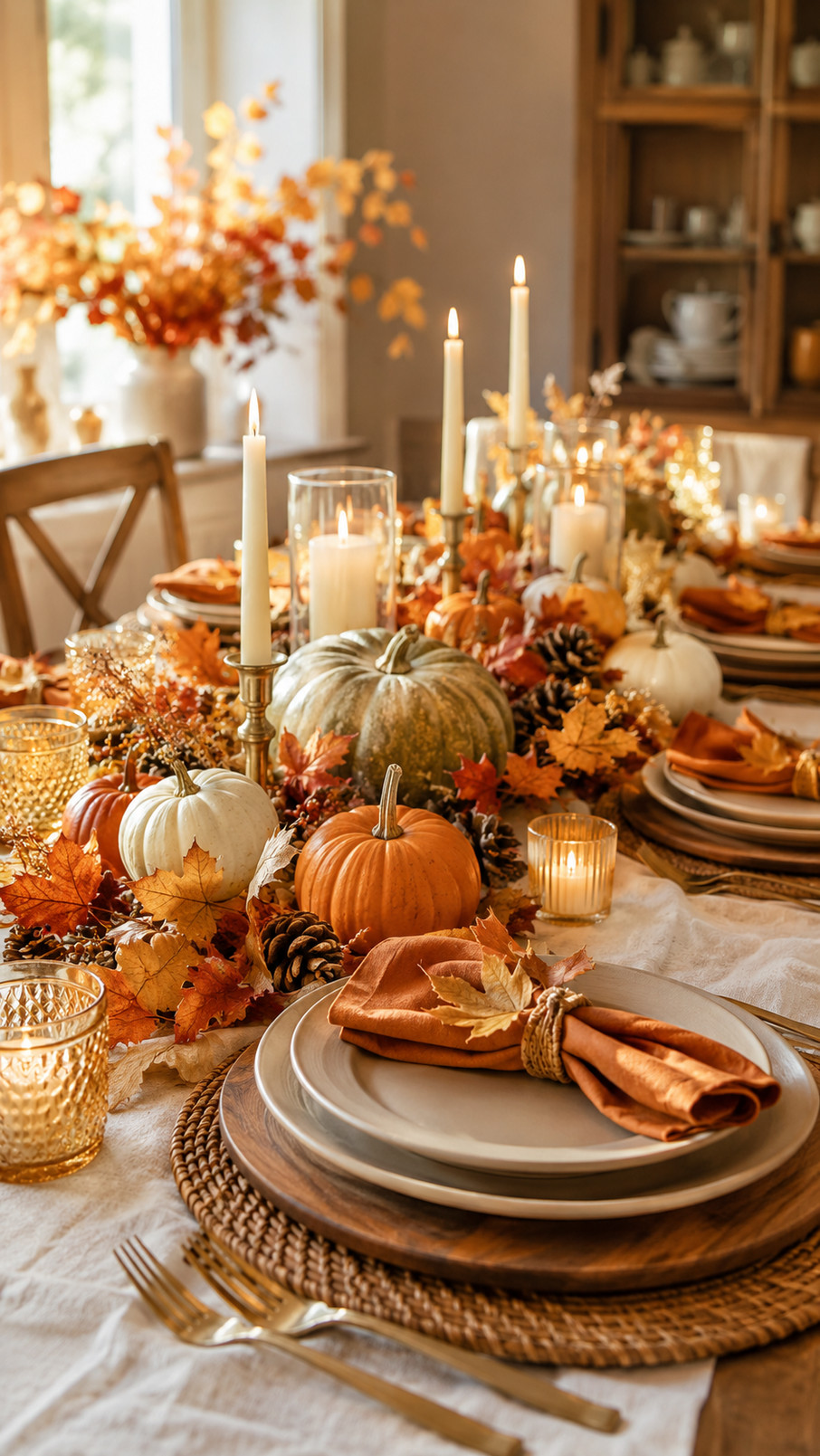 Thanksgiving table with golden pears, green foliage, creamy dishes, wooden accents, candlelight, and linen napkins.