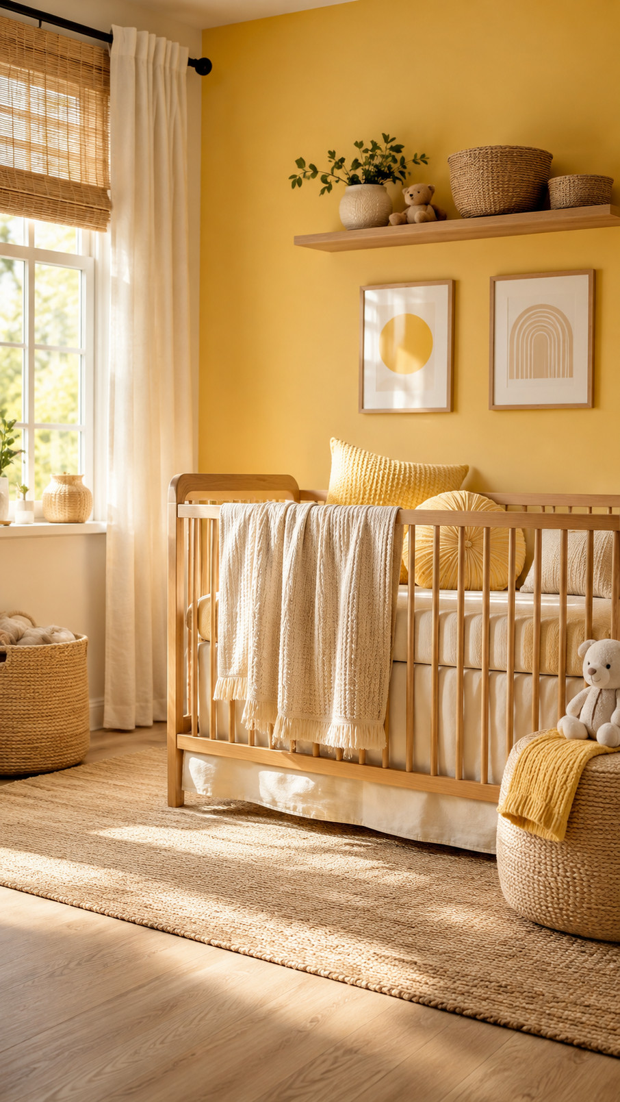 A nursery wall displays warm yellow honeycomb wall art above a cozy reading nook.