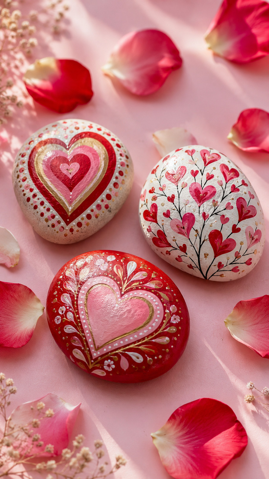 A smooth painted Valentine rock featuring two rosy hearts leaning together with blush-colored dots and white highlights.