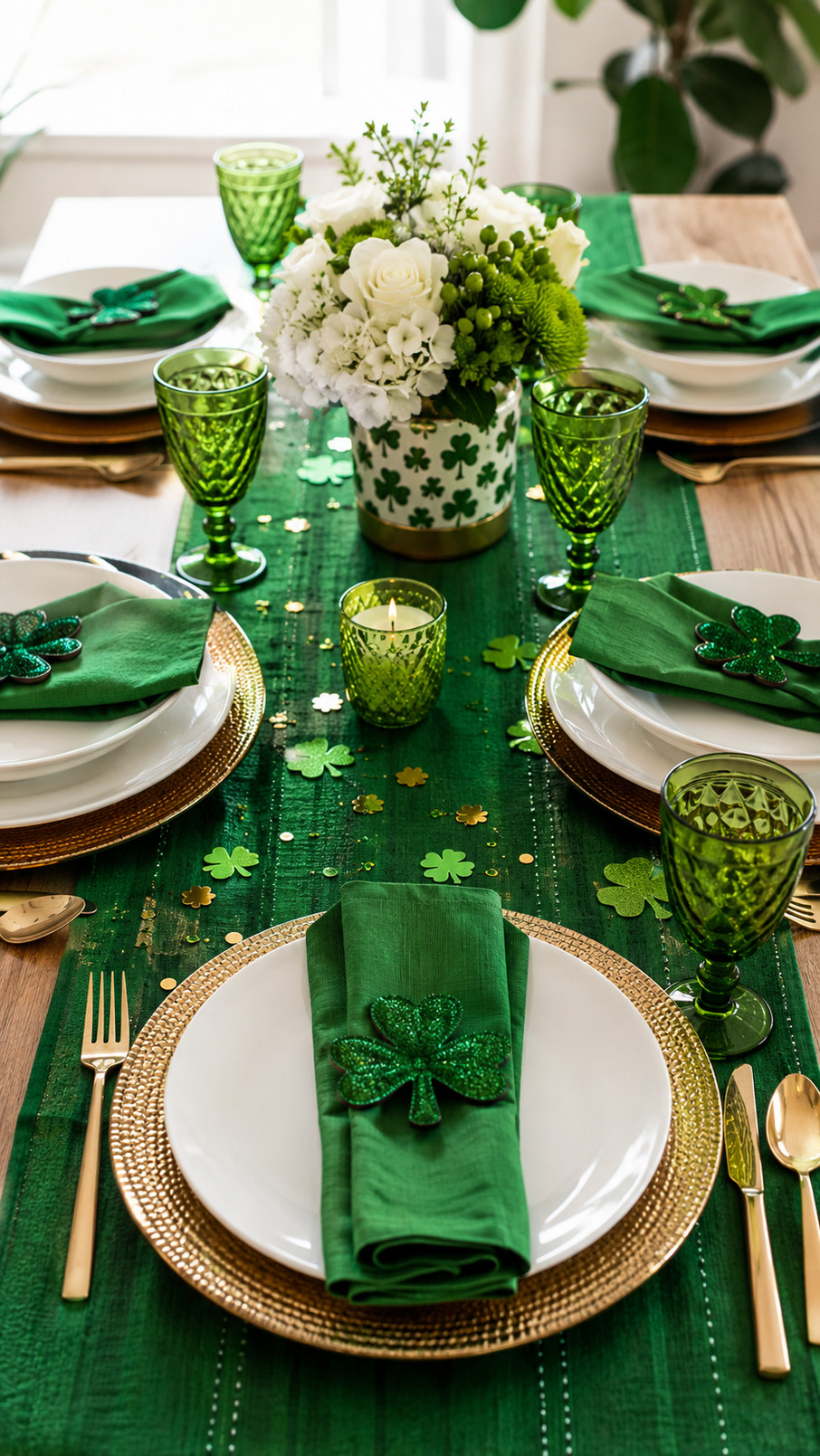 Emerald green clover place cards arranged beside festive St. Patrick’s Day table settings.