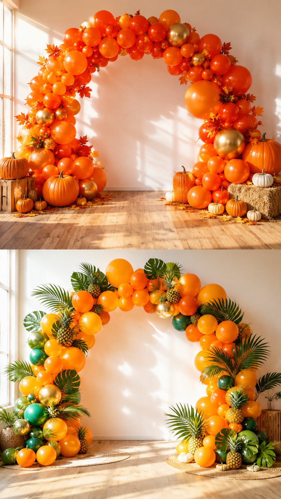 Orange balloon arch with pumpkin-toned and ivory balloons, dried grasses, and warm fall decorations beside a rustic dessert table.
