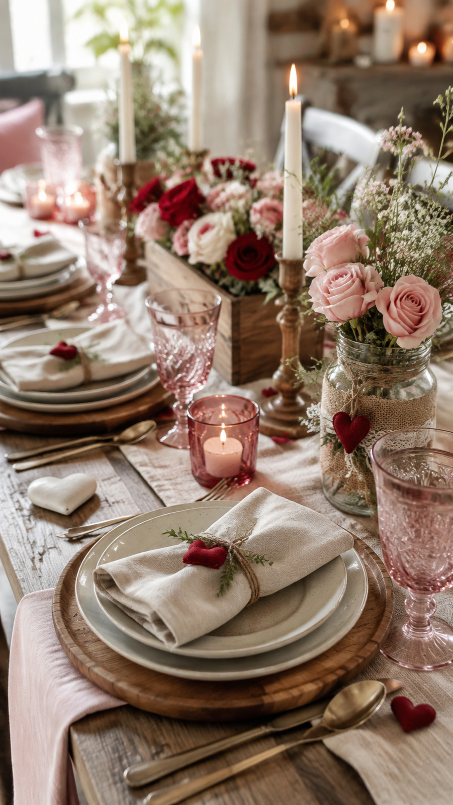 Mason jar candleholders with glowing candles decorate a rustic Valentine's Day dinner table beside roses and greenery.