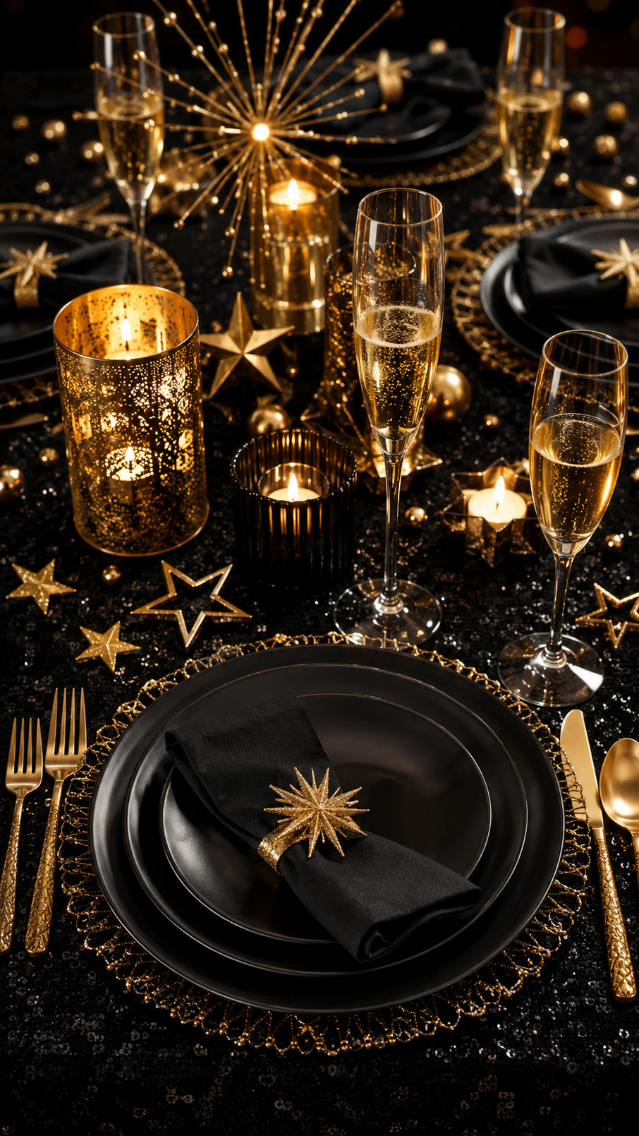Black and gold New Year’s Eve tablescape featuring a decorative clock centerpiece, metallic confetti, and glowing candles.