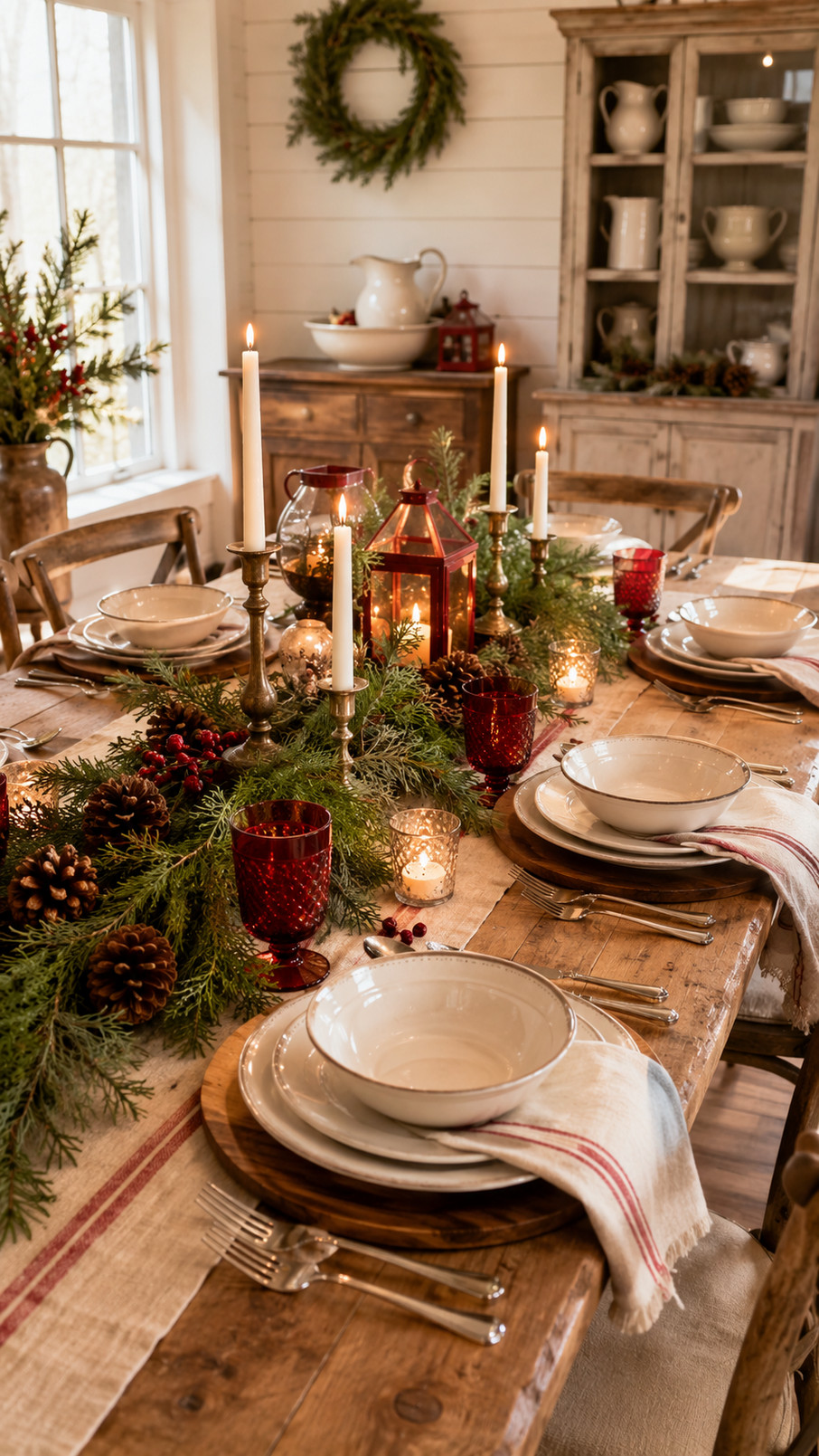 A farmhouse Christmas tablescape with white milk glass vases, glowing votives, eucalyptus, winter branches, linen napkins, and pale wood accents.