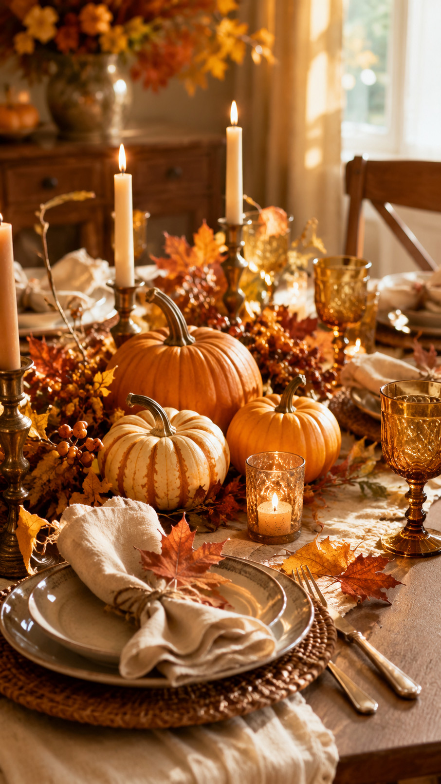 Mini orange pumpkin place card holders arranged on a Thanksgiving table beside autumn dishes and glowing candles.