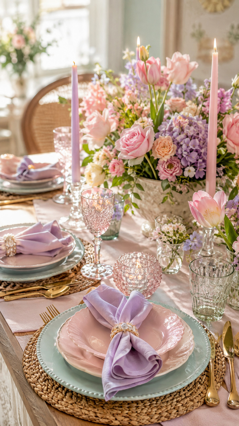 Mint green goblets arranged on a pastel Mother's Day tablescape with soft linens and spring flowers.