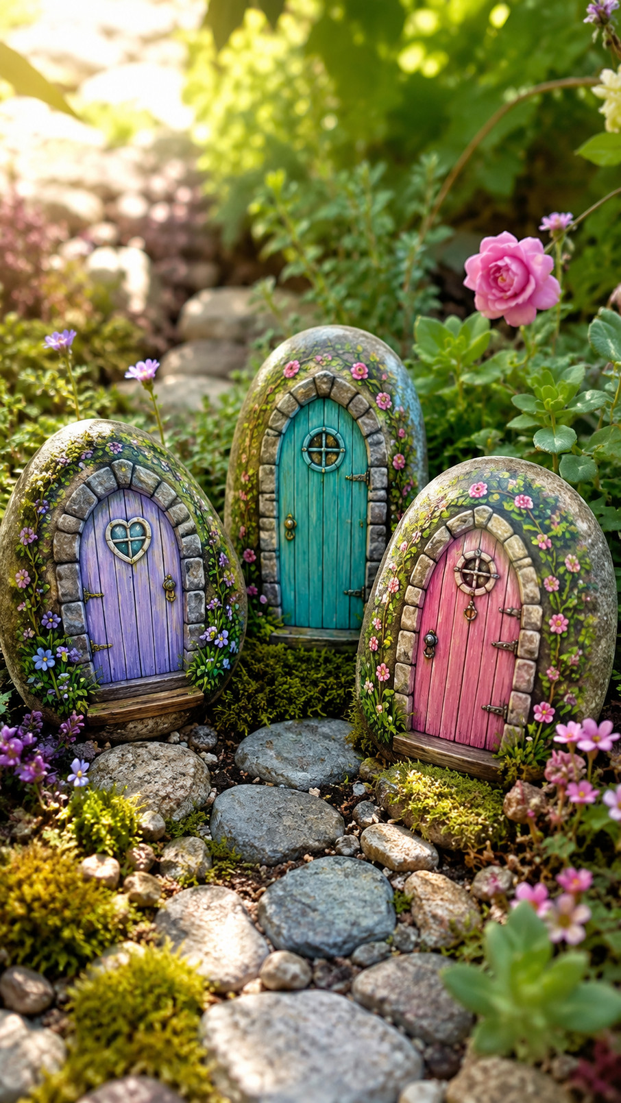 Photo of a deep-blue painted rock fairy door with a golden lantern, silver stars, and a moonlit woodland-inspired design.