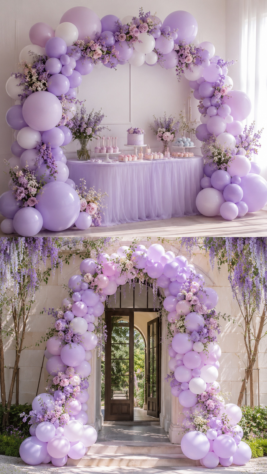 A moonlit lavender balloon arch with violet, silver, and white balloons, wispy florals, and flowing ribbons creates a dreamy celebration backdrop.