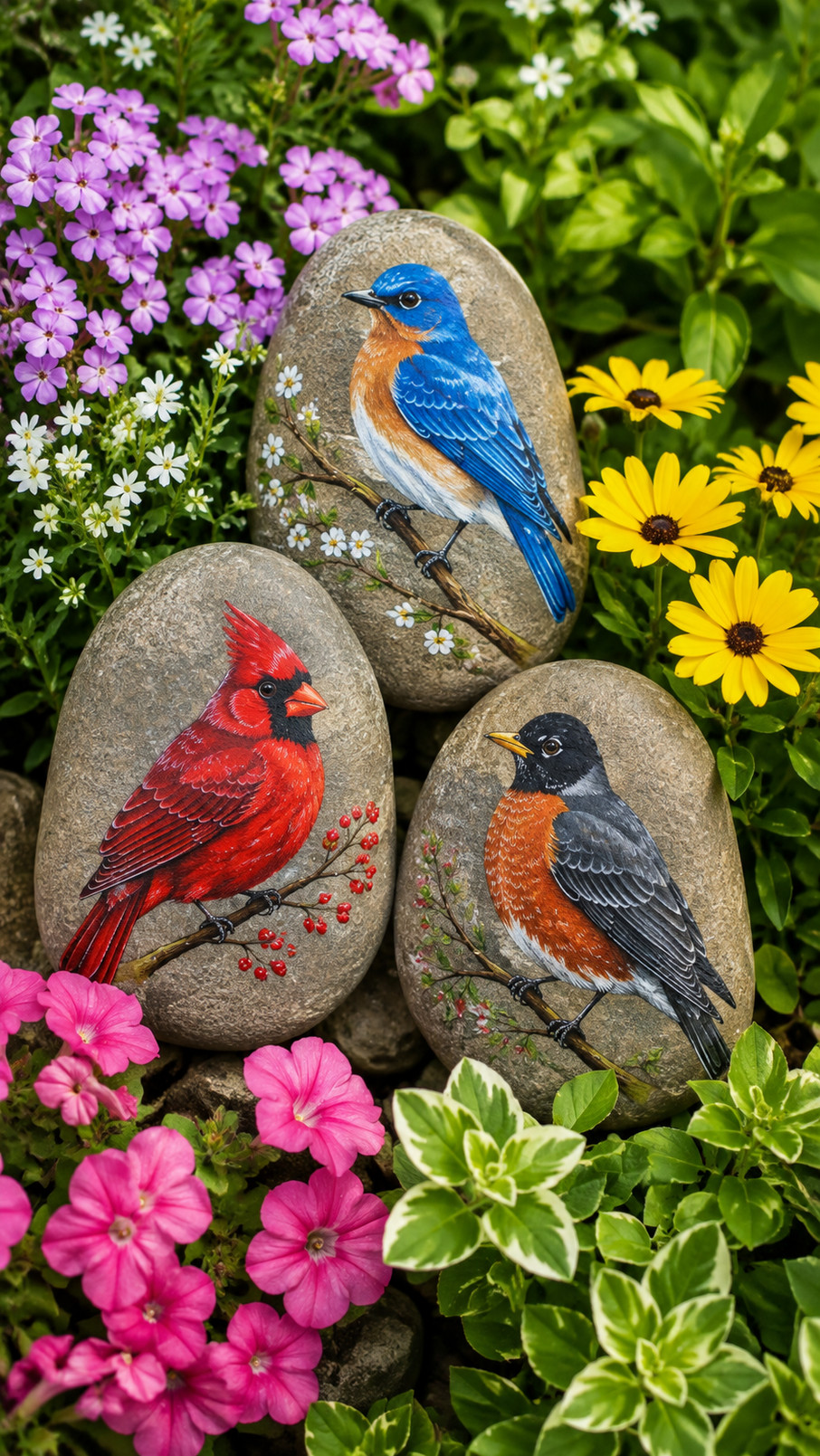 Photo of a macaw painted rock with turquoise, coral, and yellow mosaic feathers displayed in a garden.