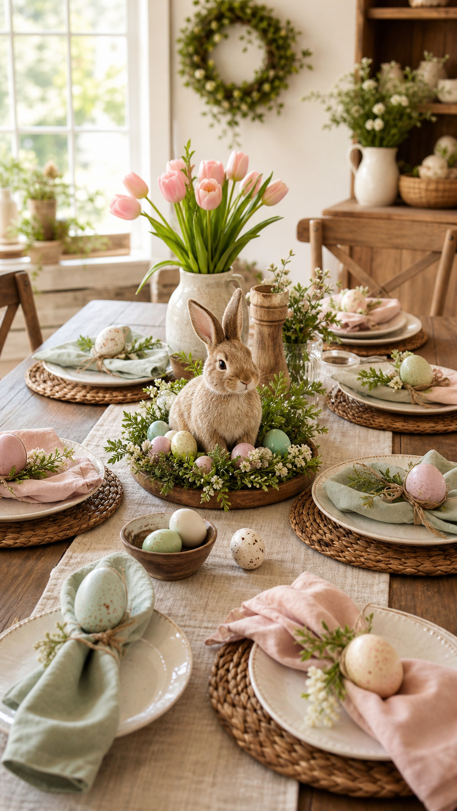 Moss-covered egg nests with speckled Easter eggs and spring flowers arranged on a rustic tablescape.