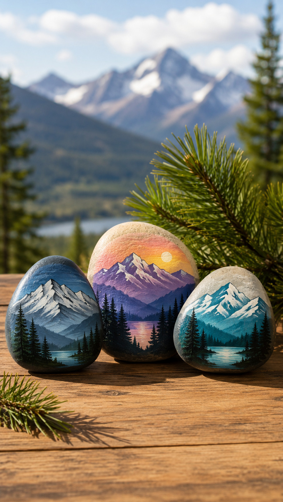 A painted rock featuring a glowing campfire beneath layered mountain peaks in a blue evening landscape.