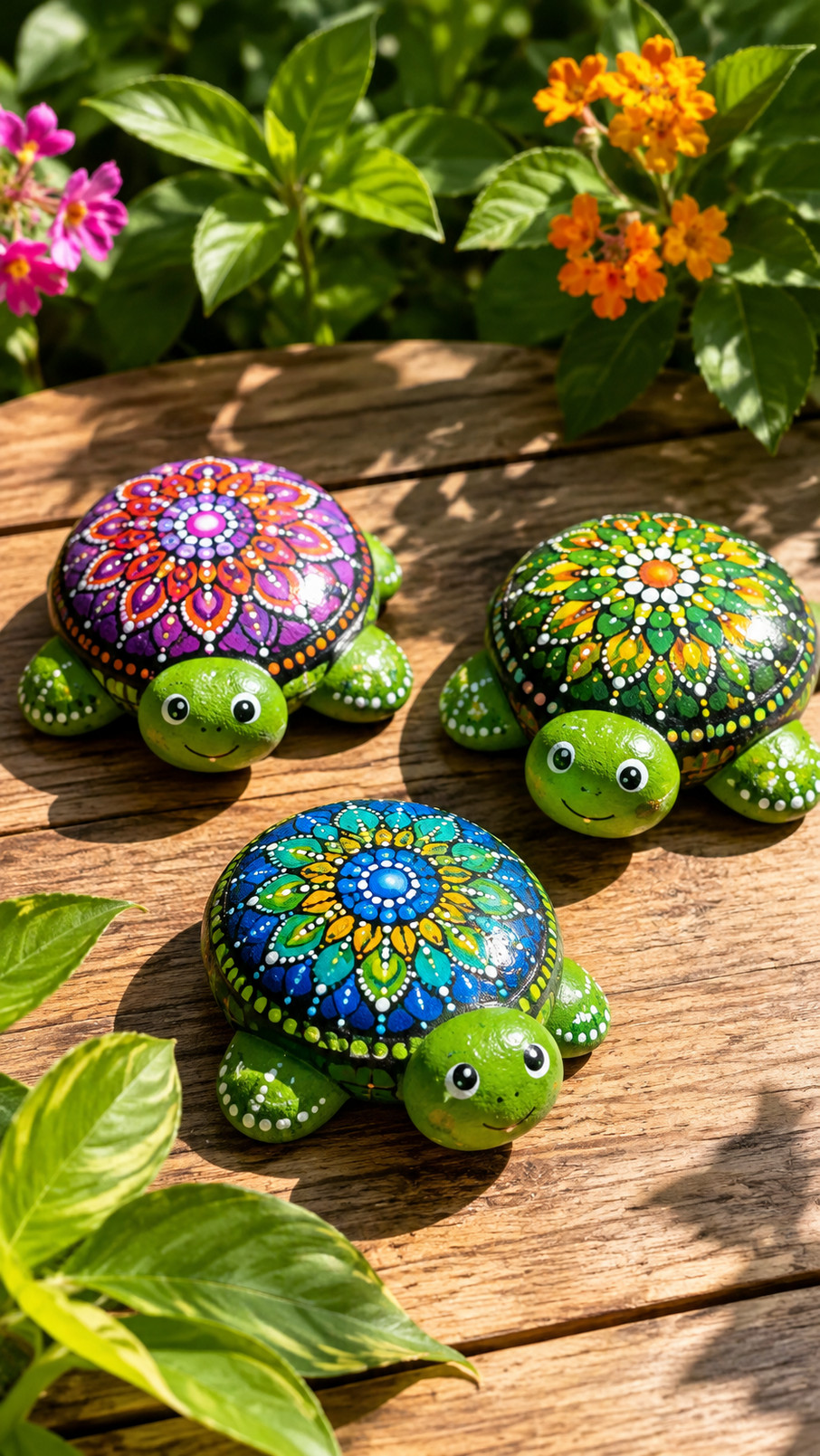 A woodland turtle painted rock with a mossy green shell, earthy brown details, and tiny red mushrooms.