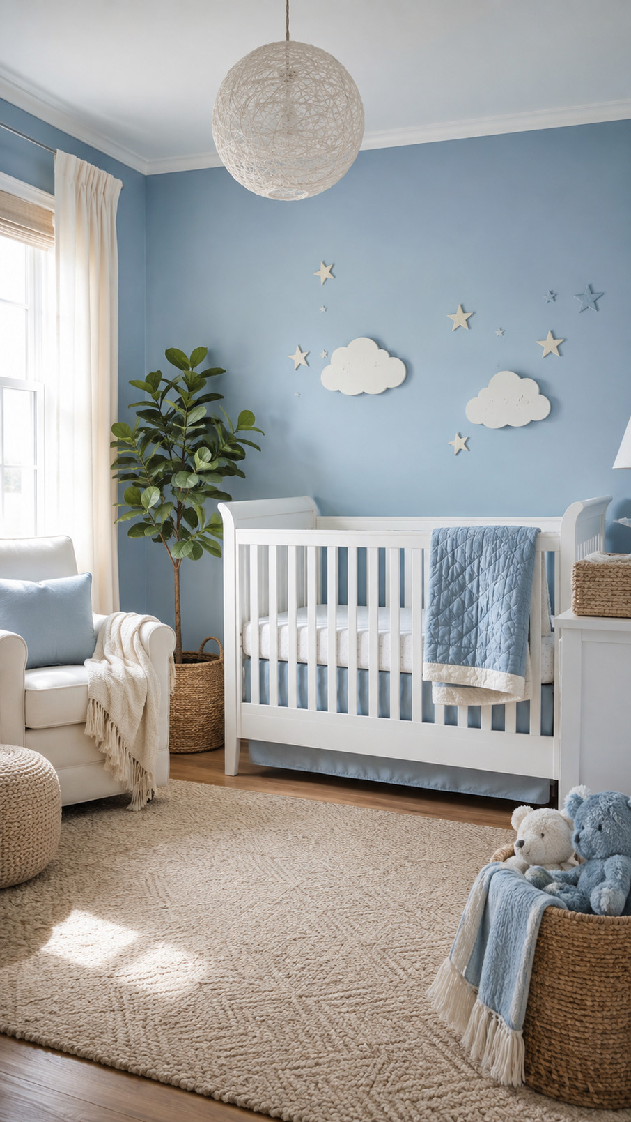 Navy blue crib mobile with soft hanging shapes above a light-colored crib in a serene blue nursery.