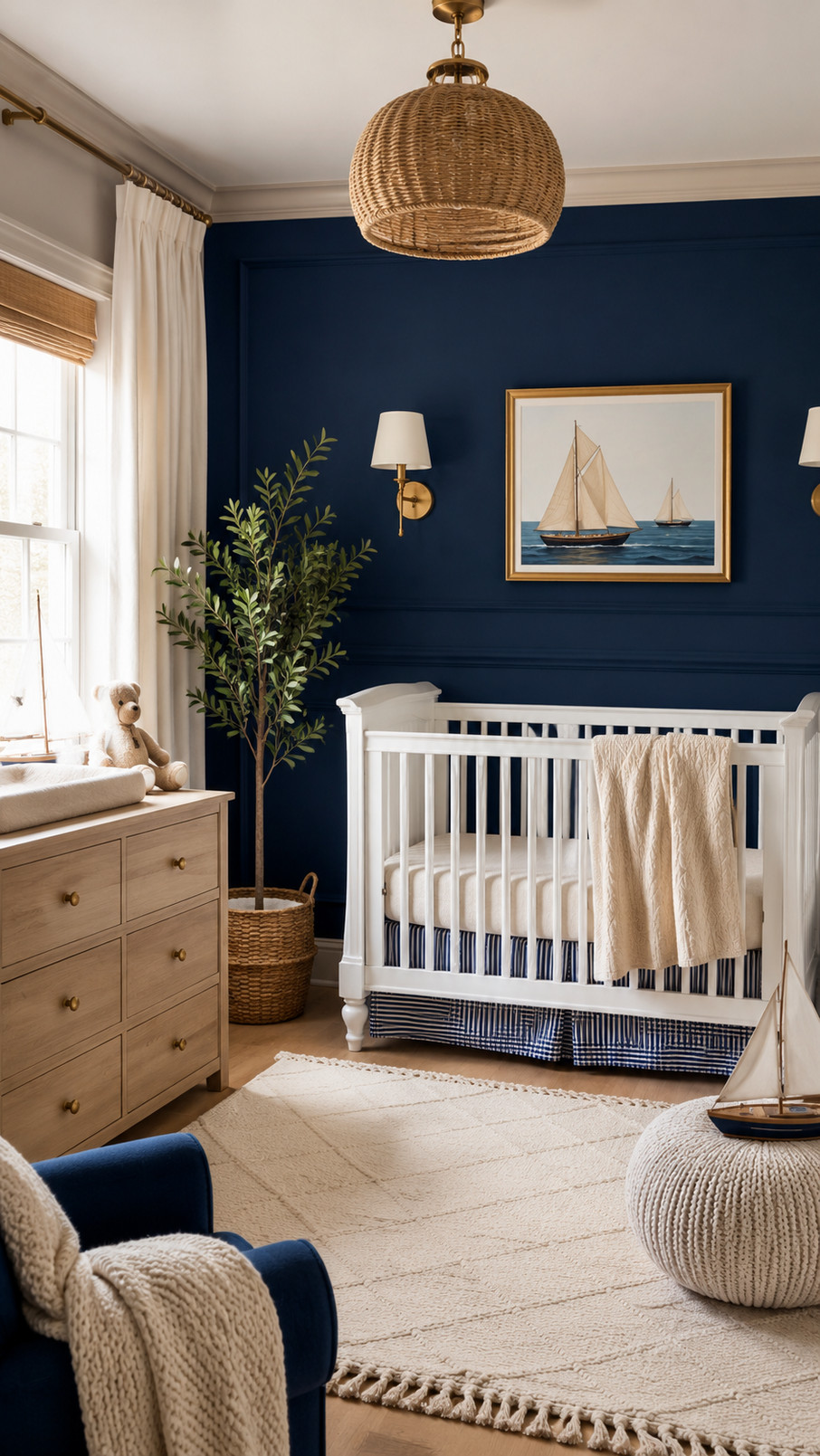 A navy nursery mobile with felt moons and silver stars hangs above a white crib in a nautical-themed baby room.