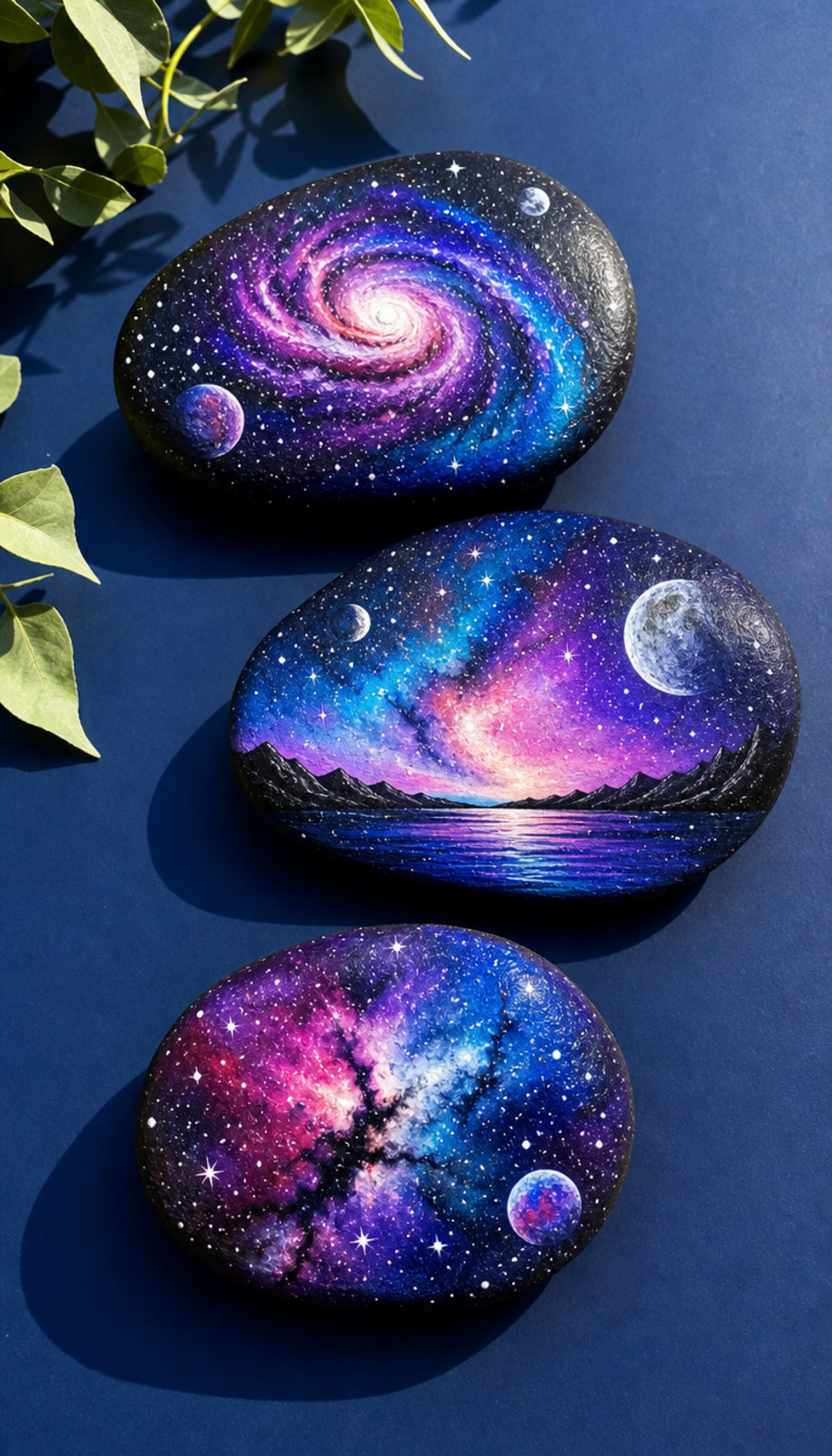A galaxy-painted rock featuring a glowing crescent moon surrounded by violet, turquoise, and blue nebula clouds with white stars.