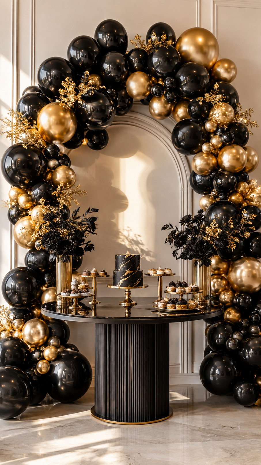 Black and gold balloon arch with glossy black balloons, antique-gold spheres, and white flowers framing an elegant party backdrop.