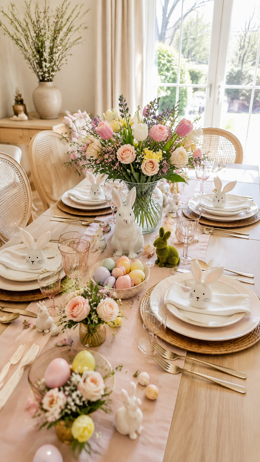 Pastel bunny egg cups holding colorful Easter eggs on a cheerful spring tablescape.