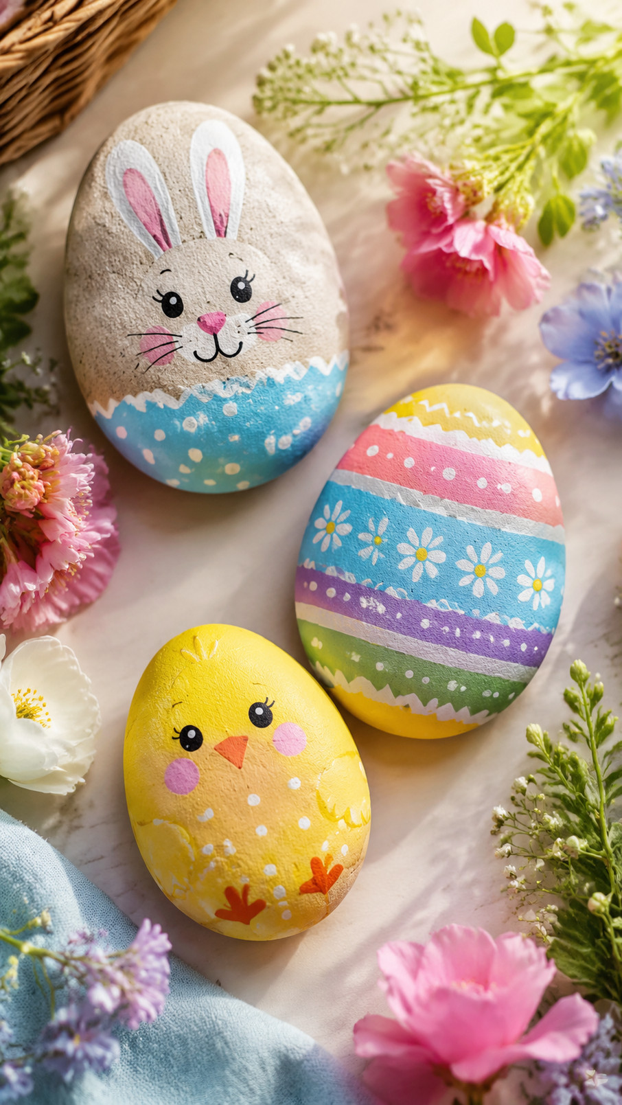 Hand-painted Easter rocks featuring pastel rainbow stripes in lavender, peach, mint, yellow, and sky blue.