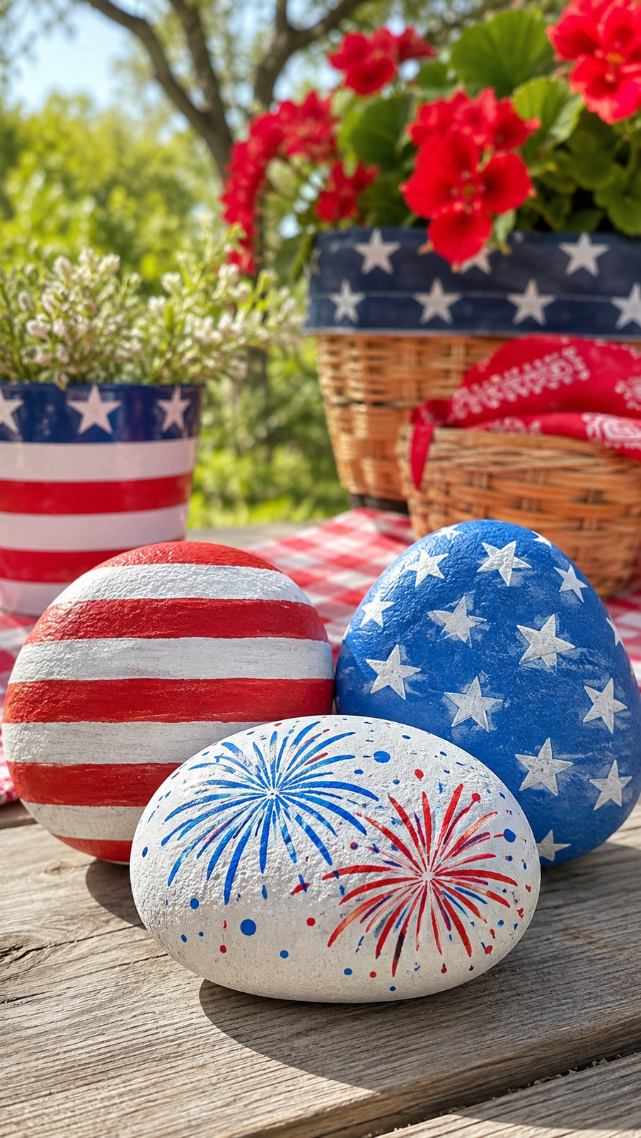 A patriotic gnome painted rock featuring red, white, and blue details, a striped hat, and a cheerful expression.