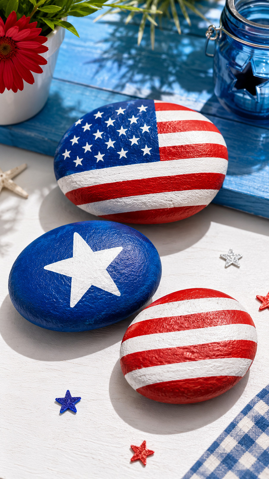 A painted rock featuring a golden Liberty Bell with red, white, and blue patriotic accents for a 4th of July craft.