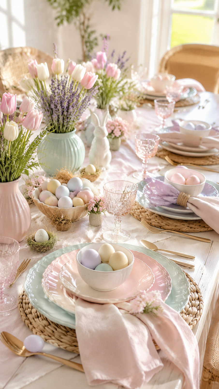 Peach macarons arranged beside pastel Easter place settings on a cheerful spring tablescape.