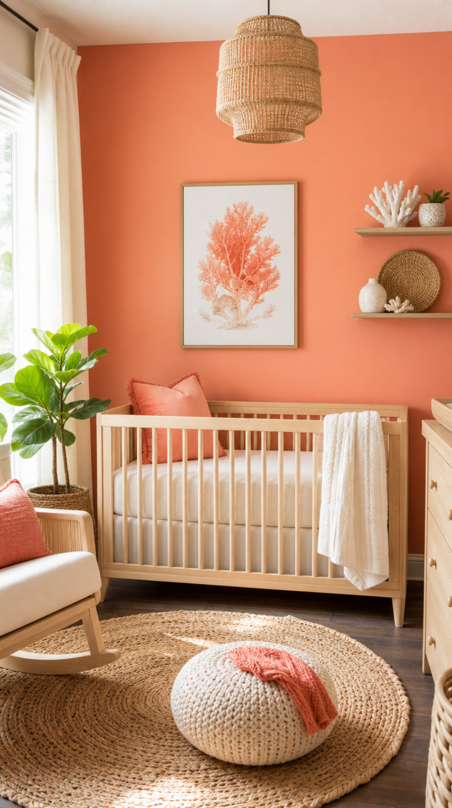 Peachy coral wall art with playful prints decorates a cheerful baby nursery.