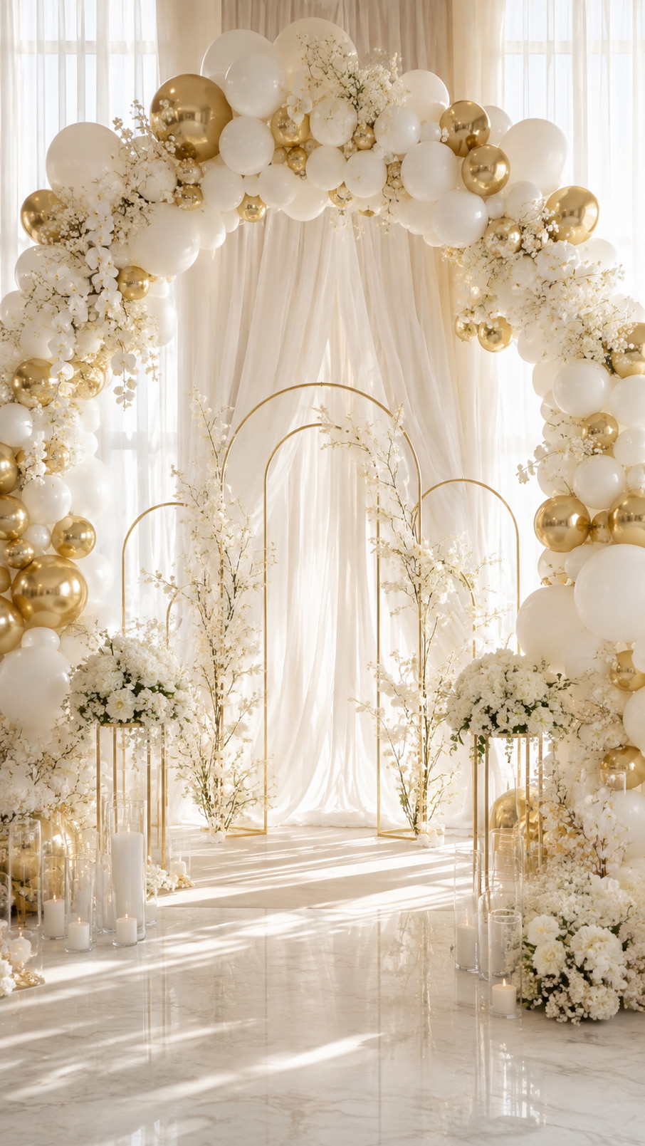 A pearl and white wedding balloon arch with shimmering balloons creates an elegant romantic backdrop for a ceremony or reception.
